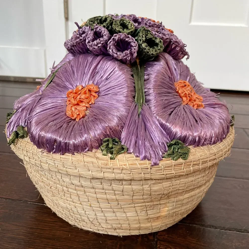 Vintage Straw Basket Raffia Flowers Covered Dome Lid Large Sewing Boho Grandma